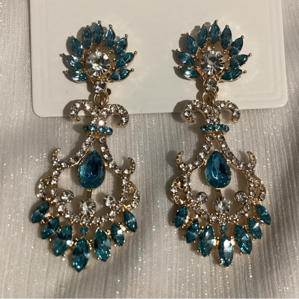 ⚜️Gorgeous Gold Tone&Teal Antique Style Regal Chandelier Teardrop DangleEarrings